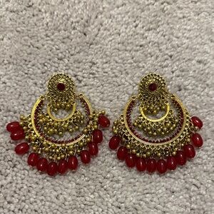 Elegant Gold and Red Chandbali Earrings
